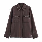 Women's Elegant Satin Texture Long Sleeve Shirt Coffee Color Trim Detail Blouse With Chest Pockets For Office Lady Daily Fashion Casual Single Breasted Tops