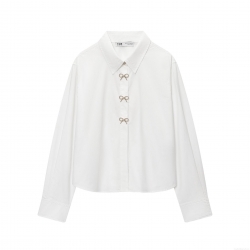 Women's Elegant Poplin Long Sleeve Shirt With Rhinestone Bow Buttons Fashion Turn-down Collar Solid White Blouse Top For Daily Office Lady Casual Wear