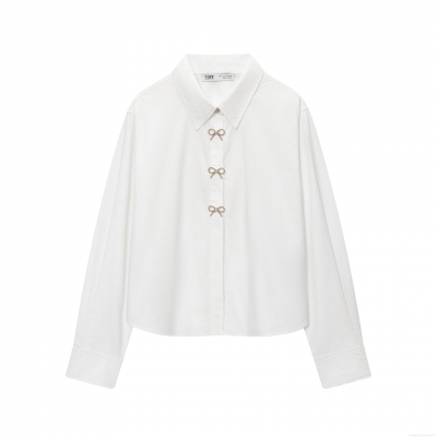 Women's Elegant Poplin Long Sleeve Shirt With Rhinestone Bow Buttons Fashion Turn-down Collar Solid White Blouse Top For Daily Office Lady Casual Wear
