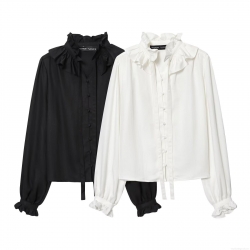 Women's Elegant Ruffle Stand Collar Blouse Vintage French Style Long Sleeve Polyester Shirt With Bow Tie And Ruffled Cuffs For Daily Office Dating Women Solid Color Black White Tops
