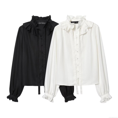 Women's Elegant Ruffle Stand Collar Blouse Vintage French Style Long Sleeve Polyester Shirt With Bow Tie And Ruffled Cuffs For Daily Office Dating Women Solid Color Black White Tops