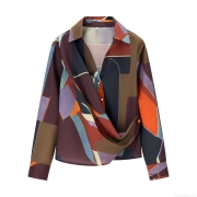 Women's Geometric Print Long Sleeve Blouse Lapel V-Neck Cross Front Pleated Satin Polyester Shirt Casual Office Party Multicolor Top For Ladies