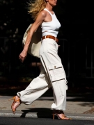 Women's Retro Multi-pocket Cargo Pants 100% Polyester Loose Wide Leg Straight Trousers Streetwear Casual Low Waist Floor Length Pants for Women