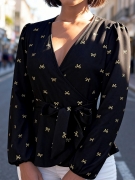 Elegant Women's Black Deep V-Neck Blouse With Golden Bow Print Puff Sleeve Tie Waist Slim Fit Polyester Shirt For Office Commuting Party Lady