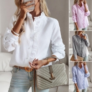 Women's Elegant Ruffle Blouse Long Sleeve Polyester Cotton Blend Striped Solid Color Shirt With Lotus Leaf Collar Texture Fabric Casual Daily Tops For Women
