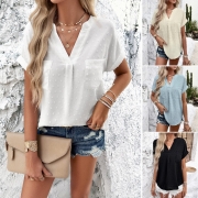 Women's Casual V Neck Swiss Dot Blouse Short Sleeve Pom Pom Shirt 100% Polyester Dobby Summer Loose Top With Back Buttons For Daily Beach Office