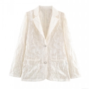 Women's Elegant Floral Jacquard Lace Blazer Slim Fit Long Sleeve Jacket With Pearl Buttons For Office Party Daily Casual Ladies Outerwear