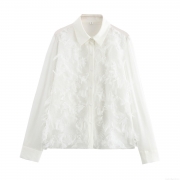 Elegant French Style White Mesh Blouse Women Polyester Long Sleeve Blouse With Feather Texture Turn-down Collar Button Up Loose Fit Autumn Shirt