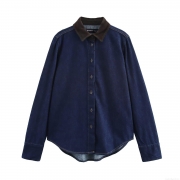 Women's Vintage Denim Shirt Contrast Color Turn-down Collar Long Sleeve Loose Blouse Casual Streetwear Tops Button Down Denim Jacket For Women