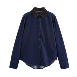 Women's Vintage Denim Shirt Contrast Color Turn-down Collar Long Sleeve Loose Blouse Casual Streetwear Tops Button Down Denim Jacket For Women