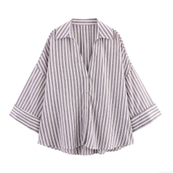 Women's Casual Linen Blend Striped Shirt V Neck Loose Fit 3/4 Sleeve Button Down Blouse Top for Summer Office Lady