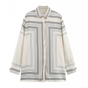 Women's Satin Long Sleeve Shirt Minimalist Geometric Line Print Turn-down Collar Button Down Loose Blouse For Commuting Daily Office Wear