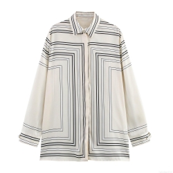 Women's Satin Long Sleeve Shirt Minimalist Geometric Line Print Turn-down Collar Button Down Loose Blouse For Commuting Daily Office Wear