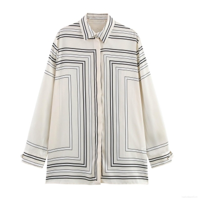 Women's Satin Long Sleeve Shirt Minimalist Geometric Line Print Turn-down Collar Button Down Loose Blouse For Commuting Daily Office Wear