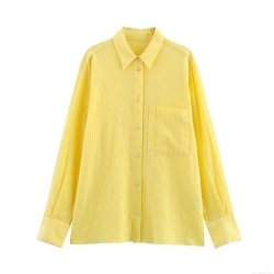 Women Long Sleeve Striped Shirt Blouse Casual Loose Fit Polyester Blend Button Down Top With Chest Pocket Fresh Sweet Style For Ladies Daily Office Wear