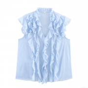 Women's Romantic Ruffle V-Neck Sleeveless Blouse Light Blue 100% Polyester Lightweight Summer Tank Top Fashion Casual Shirt For Women