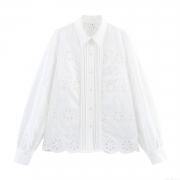 French Vintage Hollow Floral Embroidery Blouse For Women Elegant Long Sleeve Smocked White Shirt Lapel Single Breasted Top