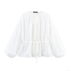French Elegant White Hollow Embroidery Blouse For Women Vintage Lantern Sleeve Drawstring Waist Lace-up Top Casual Vacation Spring Summer Shirt