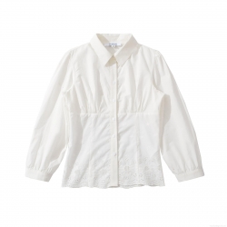 Women Long Sleeve Shirt Polyester Solid White Lapel Button Down Embroidery Hollow Hem Blouse Casual Streetwear Top Autumn Ladies Clothing