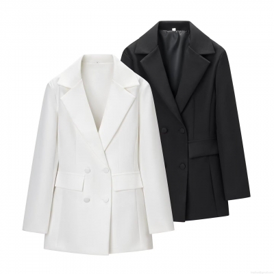 Women Solid Color Polyester Blazer Jacket Slim Fit Double Breasted Notch Lapel Long Sleeve Mid-Length Outerwear For Office Daily Professional Streetwear