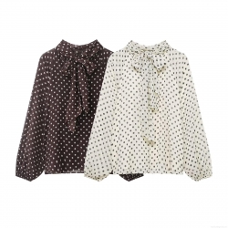 Women's Elegant Polka Dot Blouse Long Sleeve Bow Tie Neck Chiffon Polyester Shirt Loose Fit Vintage Casual Top For Women