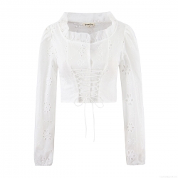 Women White Cotton Hollow Out Embroidery Lace-up Blouse Square Neck Ruffle Cropped Shirt Puff Sleeve Vintage Bohemian Summer Top