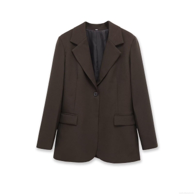 Women's Casual Polyester Blazer Jacket Single Button Long Sleeve Outerwear With Pocket Flaps Professional Office Lady Suit Top For Spring Autumn Deep Brown