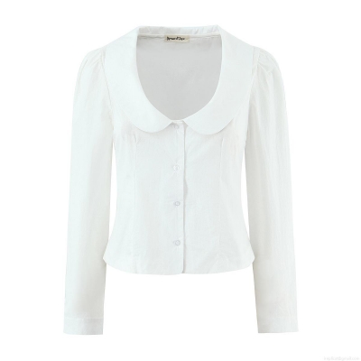 Women's Peter Pan Collar Cotton Shirt Elegant Single Breasted Long Sleeve Slim Fit Blouse For Work Daily Casual White Streetwear Top