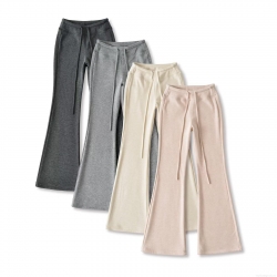 Women's Casual Cotton Blend Fleece Lined Flare Pants High Waisted Drawstring Sweatpants Fashion Solid Color Micro Flare Trousers For Winter Spring Streetwear