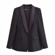 Women Fashion Black Satin Shawl Lapel Tuxedo Blazer Jacket Slim Fit Polyester Formal Evening Party Dinner Outerwear Suit For Lady