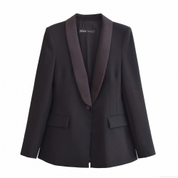 Women Fashion Black Satin Shawl Lapel Tuxedo Blazer Jacket Slim Fit Polyester Formal Evening Party Dinner Outerwear Suit For Lady