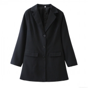 Women's Mid-Length Blazer Jacket 100% Polyester Notched Lapel Long Sleeve Casual Office Lady Street Style Black Outerwear With Buttons