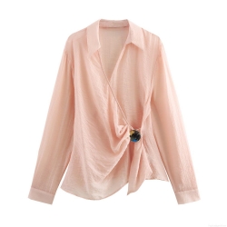 Women's Elegant Wrap V-Neck Chiffon Blouse Solid Color Long Sleeve Shirt With Metal Ring Buckle Detail Casual Streetwear Peach Top