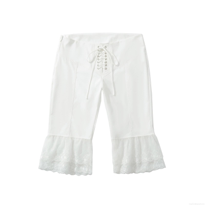 Women's Summer White Lace Patchwork Flare Pants Elegant Hollow Out Embroidery High Waist Lacing 7/10 Length Casual Trousers Streetwear Daily Vacation