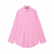 Women's Striped Long Sleeve Button Down Shirt Polyester Lapel Blouse With Pocket Casual Loose Western Style Top Streetwear Clothing
