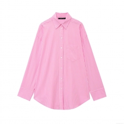 Women's Striped Long Sleeve Button Down Shirt Polyester Lapel Blouse With Pocket Casual Loose Western Style Top Streetwear Clothing