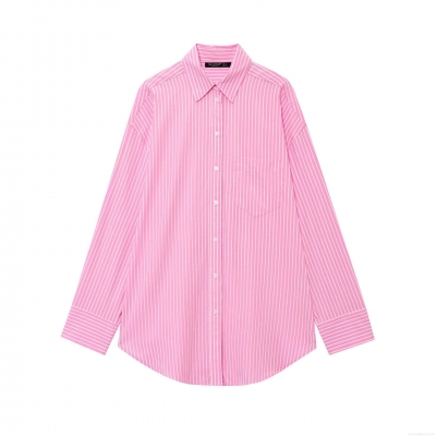 Women's Striped Long Sleeve Button Down Shirt Polyester Lapel Blouse With Pocket Casual Loose Western Style Top Streetwear Clothing