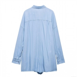 Women's Denim Style Polyester Long Sleeve Shirt Oversized Button Down Blouse Top With Pocket Streetwear Casual Daily Loose Longline Shirt For Women