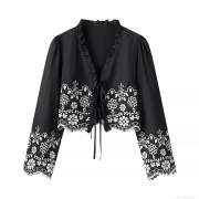 Women's Ruffle Neck Lace-up Blouse Polyester Embroidery Hollow Out Short Top Vintage Streetwear Summer Long Sleeve Shirt Black Scalloped Trim Top