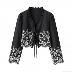 Women's Ruffle Neck Lace-up Blouse Polyester Embroidery Hollow Out Short Top Vintage Streetwear Summer Long Sleeve Shirt Black Scalloped Trim Top