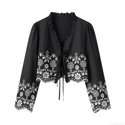 Women's Ruffle Neck Lace-up Blouse Polyester Embroidery Hollow Out Short Top Vintage Streetwear Summer Long Sleeve Shirt Black Scalloped Trim Top