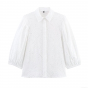 Women's White Broderie Anglaise Hollow Out Embroidery Shirt Lapel Button Down Cotton Blend 3/4 Sleeve Blouse Casual Summer Top For Women