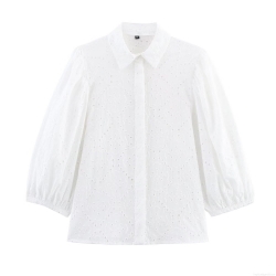Women's White Broderie Anglaise Hollow Out Embroidery Shirt Lapel Button Down Cotton Blend 3/4 Sleeve Blouse Casual Summer Top For Women