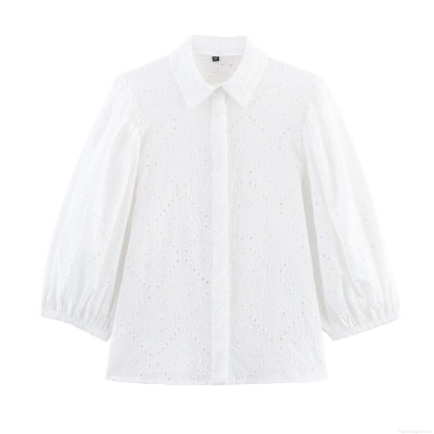 Women's White Broderie Anglaise Hollow Out Embroidery Shirt Lapel Button Down Cotton Blend 3/4 Sleeve Blouse Casual Summer Top For Women
