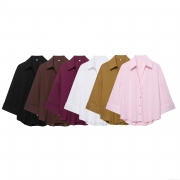 Women's Casual Loose Polyester Blouse Shirt Solid Color Turndown Collar Long Sleeve Button Up Top For Streetwear Office Ladies Fashion