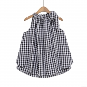 Women Summer Black White Gingham Sleeveless Top Casual Polyester Babydoll Blouse With Shoulder Bow Tie Ruffle Trim Round Neck Plaid Shirt For Daily Streetwear