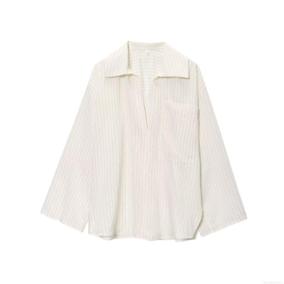 Women's V-Neck Vertical Striped Long Sleeve Shirt Loose Fit Casual Pocket Polyester Tencel Blend Streetwear Minimalist Breathable Comfortable Daily Wear Top