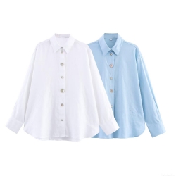 Women's Long Sleeve Button Down Shirt Casual Loose Fit Blouse Top Solid Color Imitation Linen Texture Lapel Collar Autumn Fashion Streetwear Office Lady