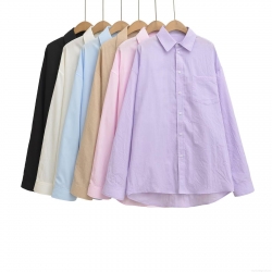 Women's Casual Solid Color Long Sleeve Button Up Shirt Loose Lapel Blouse With Pocket Cotton Linen Feel Autumn Top