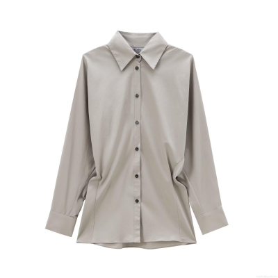 Women's Long Sleeve Button Up Shirt Solid Color Turn Down Collar Poplin Blouse Casual Office Commute Street Style Loose Fit Waist Design Grey Top
